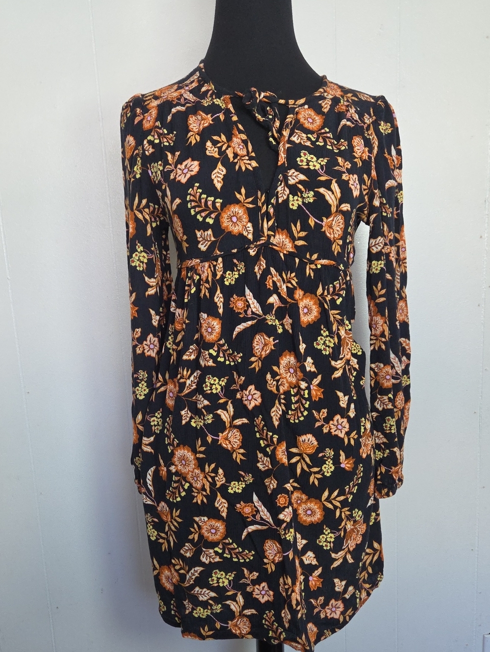 Floral Black and Orange Long-Sleeve Women’s Dress